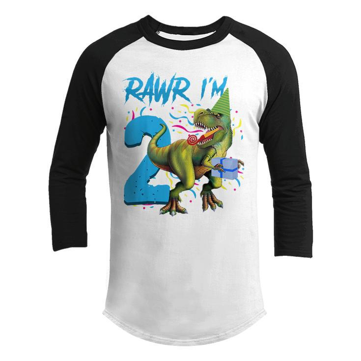 Kids Rawr Im 2Nd Birthday Boy Dinosaur T-Rex 2 Years Old Party Youth Raglan Shirt