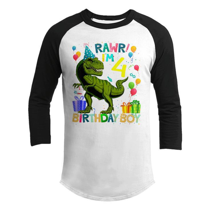 Kids Rawr Im 4 4Th Birthday DinosaurRex Boys Gifts 4 Year Old Youth Raglan Shirt