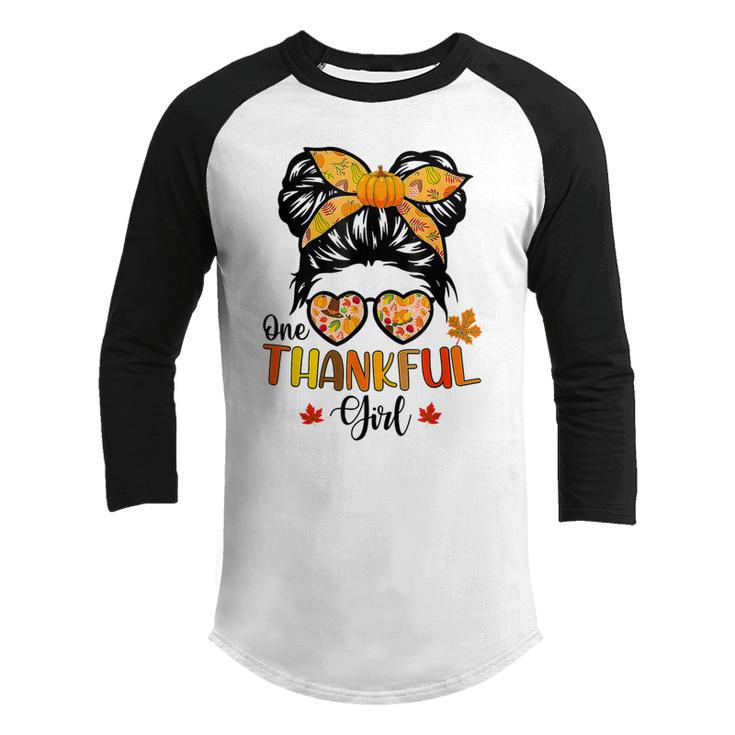 One Thankful Girl Thanksgiving Daughter Messy Bun Fall Girls V8 Youth Raglan Shirt