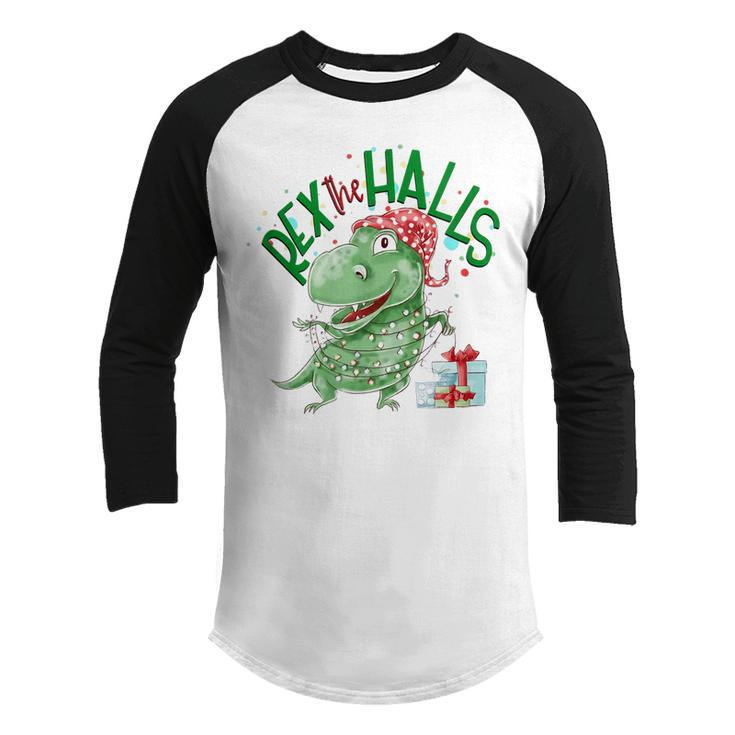 Rex The Halls Christmas Dinosaur Cute Boys Girls Xmas Youth Raglan Shirt
