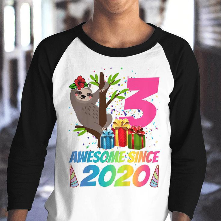 Kids 3 Year Old Sloth Awesome Since 2020 3Rd Birthday N Girls Youth Raglan Shirt