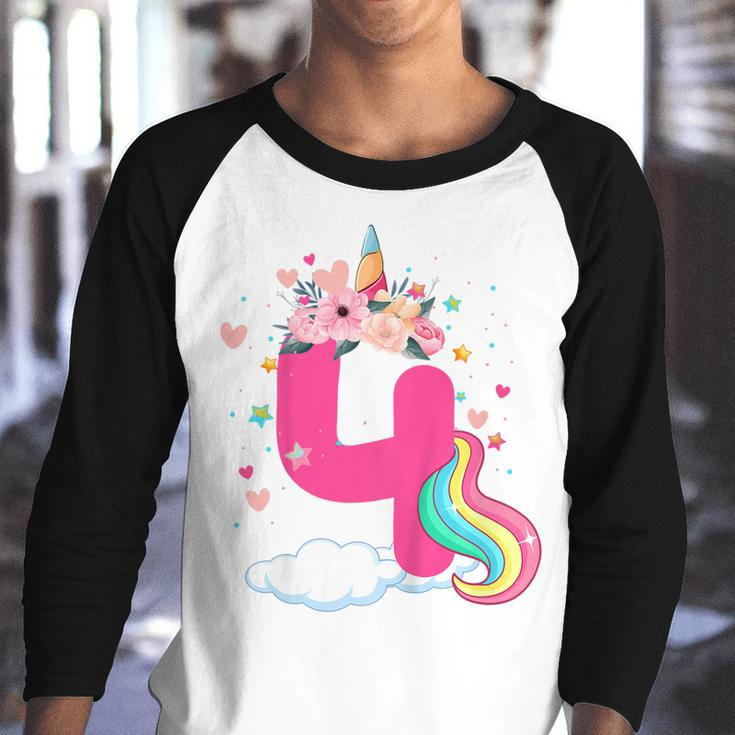 Kids 4 Year Old Gifts 4Th Birthday Girls Kids Unicorn Face Flower Youth Raglan Shirt