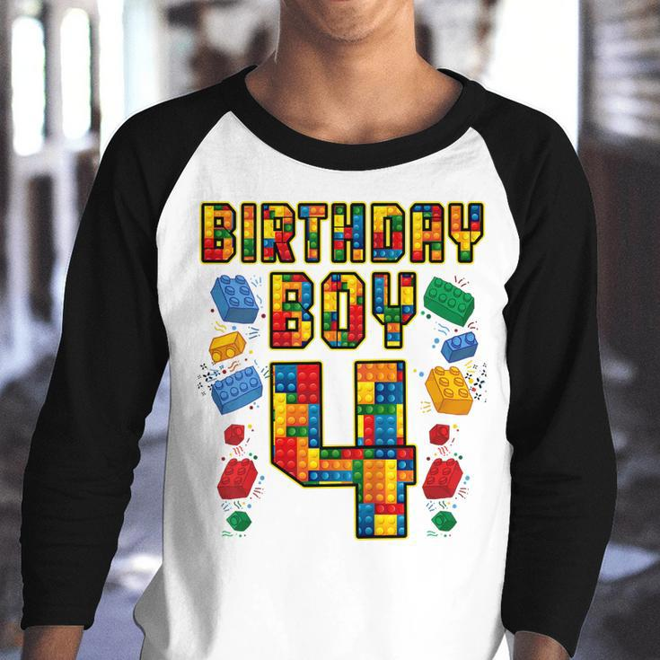 Kids 4Th Birthday Master Builder 4 Years Old Block Building Boys Youth Raglan Shirt