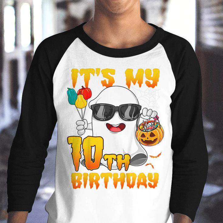 Kids Its My 10Th Birthday Ghost Pumpkin Halloween Party 10 Years Youth Raglan Shirt