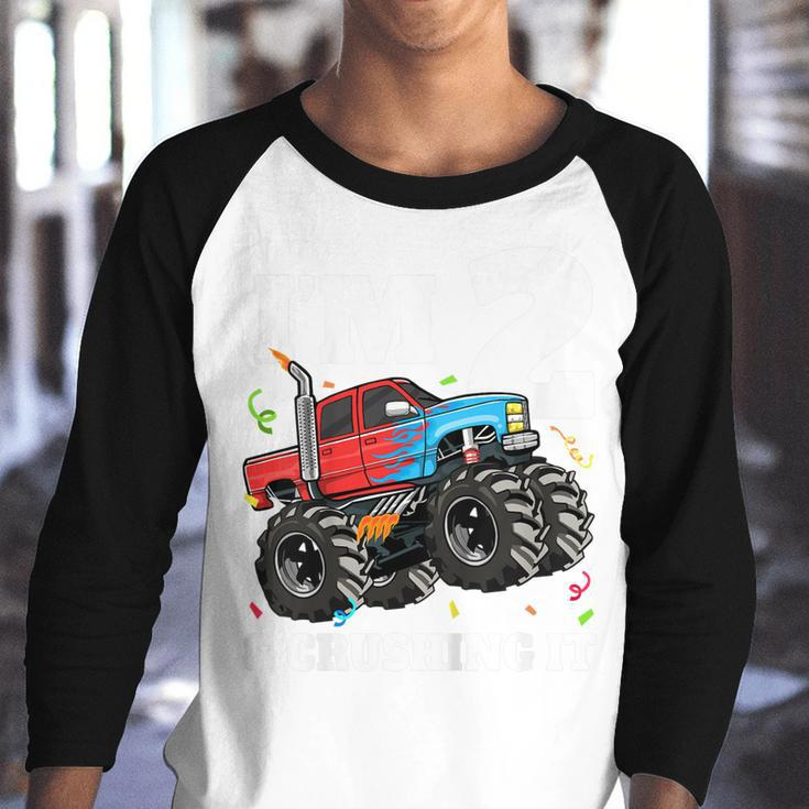 Kids Monster Truck 2Nd Birthday Boy 2 Two Year Old Toddler Youth Raglan Shirt