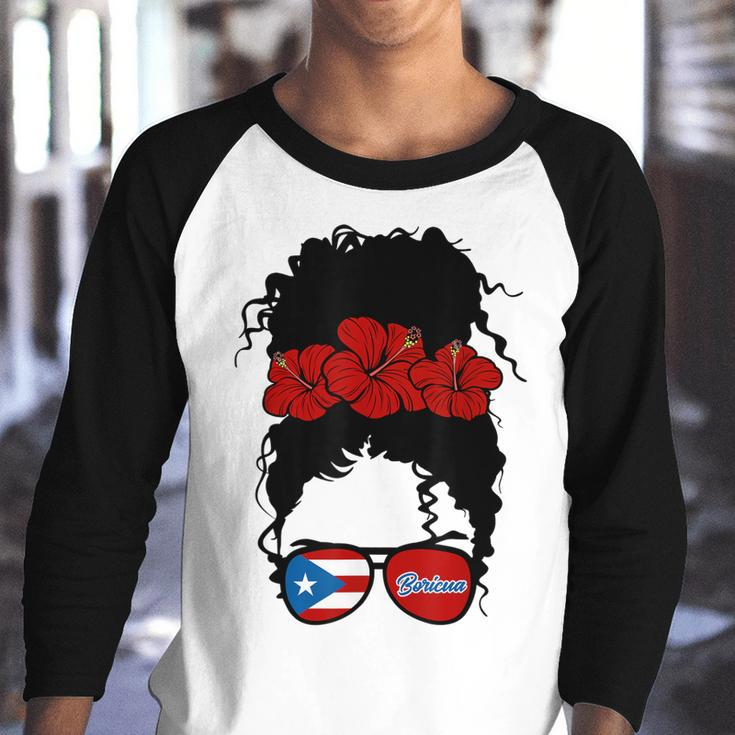 Puerto Rico Boricua Girl Flower Messy Hair Afro Girl Vintage Youth Raglan Shirt