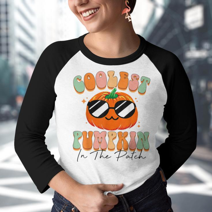 Coolest Pumpkin In The Patch Boys Retro Groovy Halloween Youth Raglan Shirt