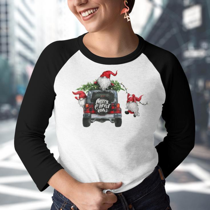 Funny Christmas Gnome On Red Plaid Truck Merry Xmas Kids Youth Raglan Shirt