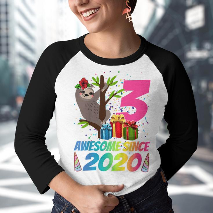 Kids 3 Year Old Sloth Awesome Since 2020 3Rd Birthday N Girls Youth Raglan Shirt