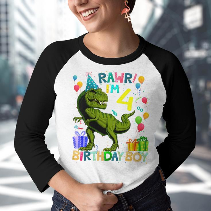 Kids Rawr Im 4 4Th Birthday DinosaurRex Boys Gifts 4 Year Old Youth Raglan Shirt