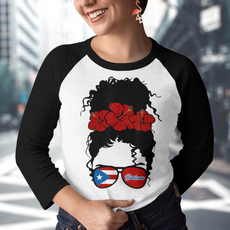 Puerto Rico Boricua Girl Flower Messy Hair Afro Girl Vintage Youth Raglan Shirt