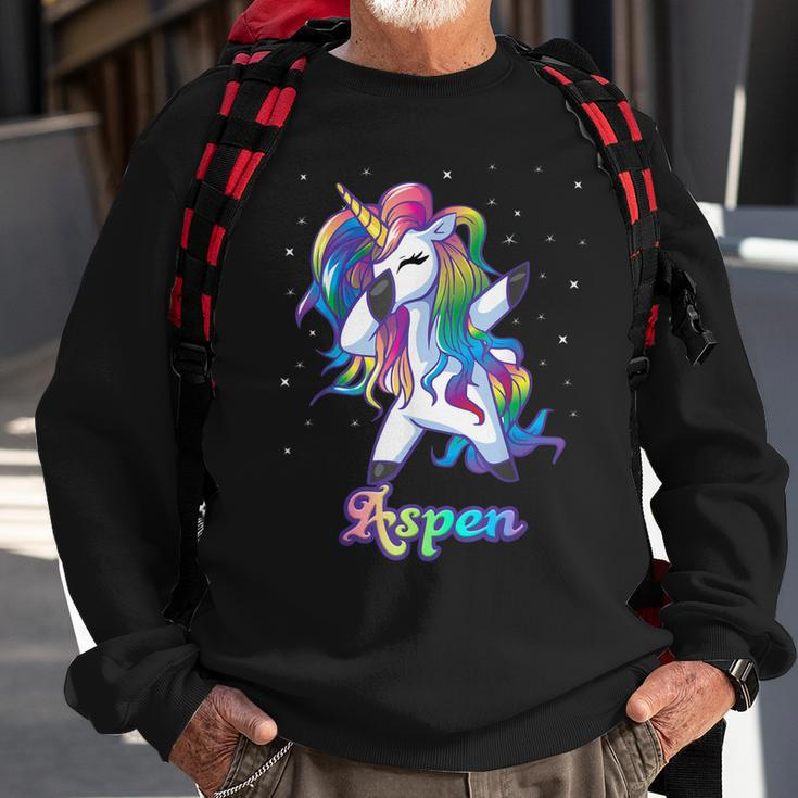 Aspen Name Personalized Custom Rainbow Unicorn Dabbing Men Women Sweatshirt Graphic Print Unisex Gifts for Old Men
