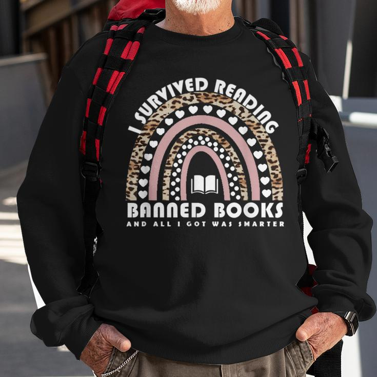 I Survived Reading Banned Books Leopard Librarian Bookworm Sweatshirt Gifts for Old Men
