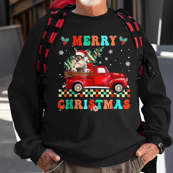 Merry Christmas Schnauzer Dog Riding Red Truck Xmas Tree Men Women Sweatshirt Graphic Print Unisex Gifts for Old Men
