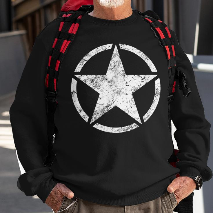 Military Hero Star In Circle White Distressed Veteran Men Women Sweatshirt Graphic Print Unisex Gifts for Old Men