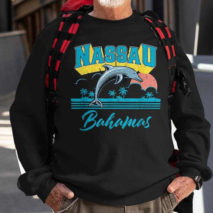 Nassau Bahamas Sunset Palm Tree Dolphin Retro Vacation Sweatshirt Gifts for Old Men