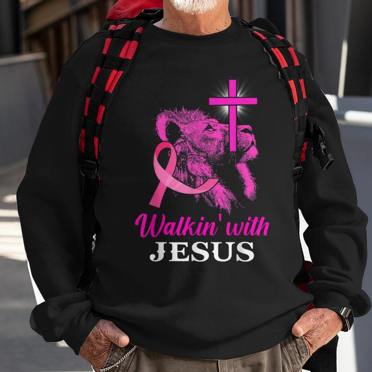 Walking With Jesus Lion Christian Cross Breast Cancer Women Sweatshirt Gifts for Old Men