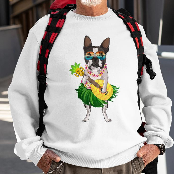 Funny Hawaiian Boston Terrier Dog Pineapple Ukulele Summer Sweatshirt Gifts for Old Men