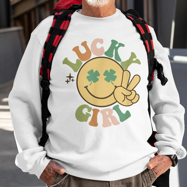Lucky St Patricks Day Retro Smiling Face Shamrock Hippie Sweatshirt Gifts for Old Men