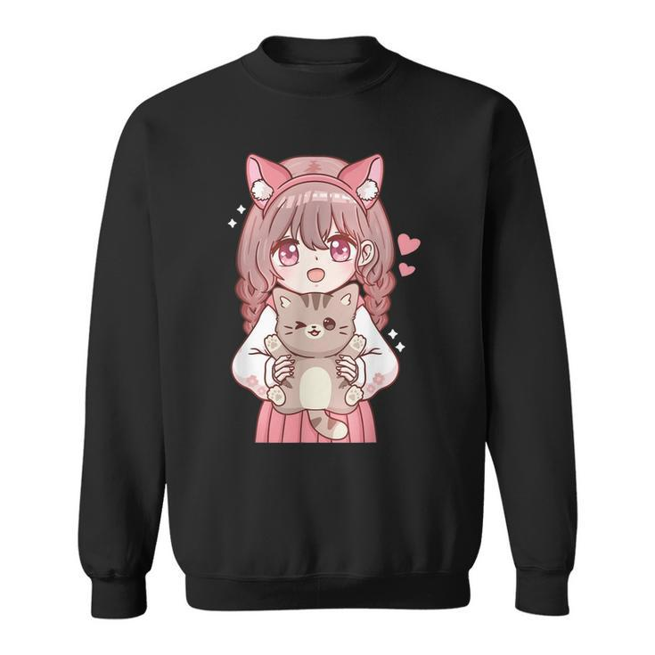 Anime Girl With Cat Kawaii Cat Lover Otaku  Sweatshirt