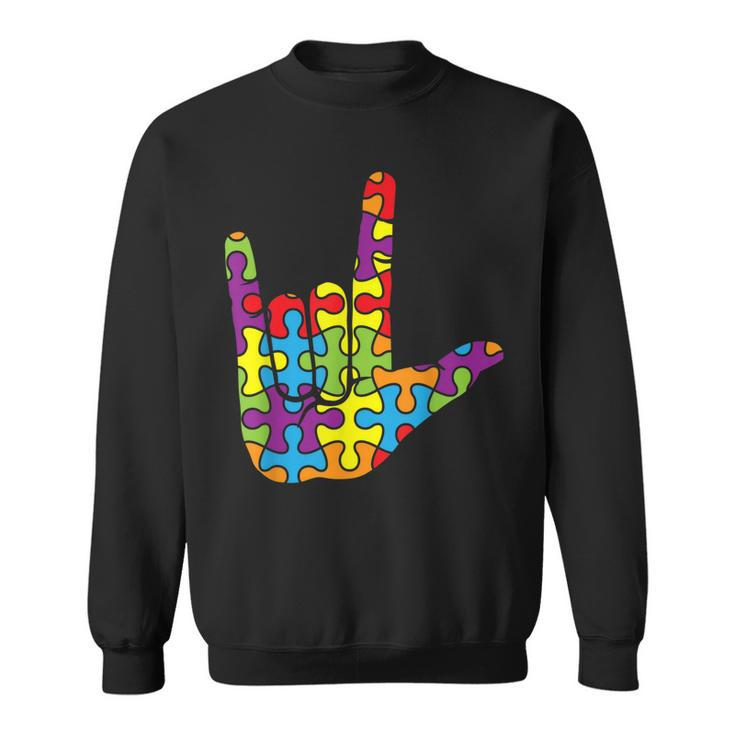 Asl Love Sign Language - Autistic Puzzle Autism Awareness  Sweatshirt