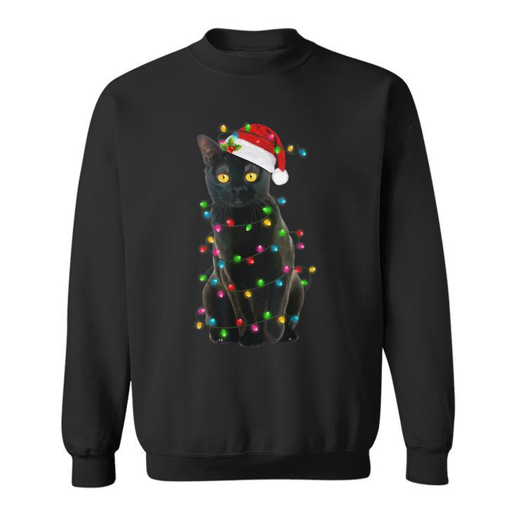 Black Cat Christmas With Santa Hat Lights Pajama Cat Lovers  Men Women Sweatshirt Graphic Print Unisex