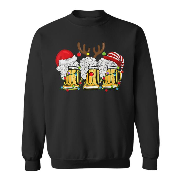 Christmas Three Glass Of Beer Lights Santa Hat Elf Antlers V2 Men Women Sweatshirt Graphic Print Unisex