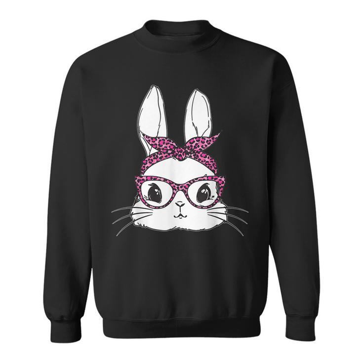 Easter Day Cute Bunny Rabbit Face With Leopard Pink Glasses  Sweatshirt