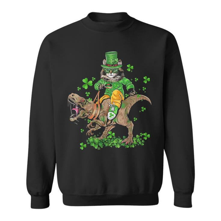 Funny St Patricks Day Irish Cat Riding T Rex Shamrock Sweatshirt