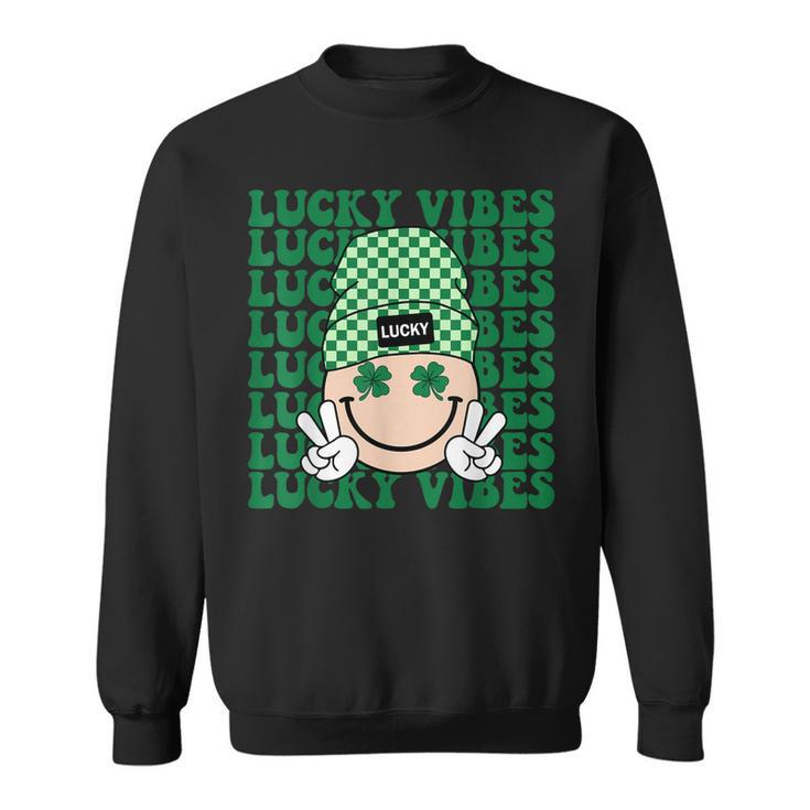 Groovy Smile Face Lucky Vibes Shamrock St Patricks Day  Sweatshirt