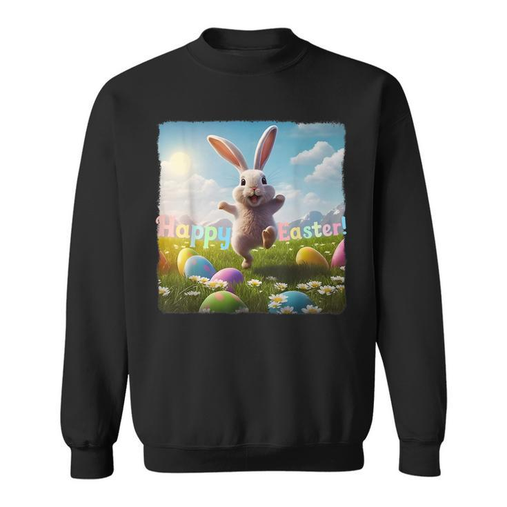 Happy Easter Bunny Hopping Over Colored Eggs  Sweatshirt