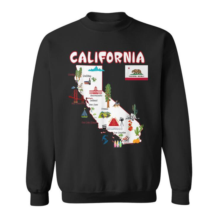Map Of California Landmarks Major Cities Flag   Sweatshirt