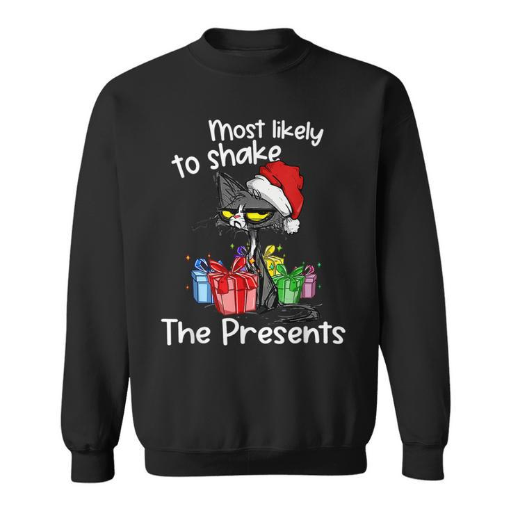 Most Likely To Shake The Presents Funny Cat Xmas Lights  Men Women Sweatshirt Graphic Print Unisex