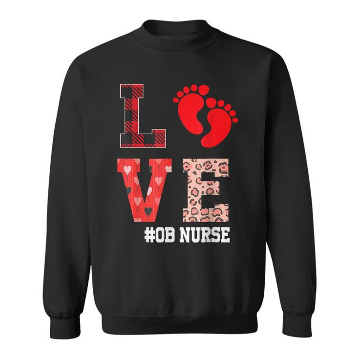 Ob Nurse Love Valentines Day Leopard Plaid Hearts Nursing  Men Women Sweatshirt Graphic Print Unisex