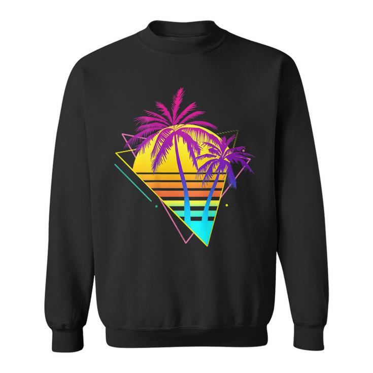 On Back - Retro 80S 90S Vaporwave Tropical Sunset Palm Trees  Sweatshirt