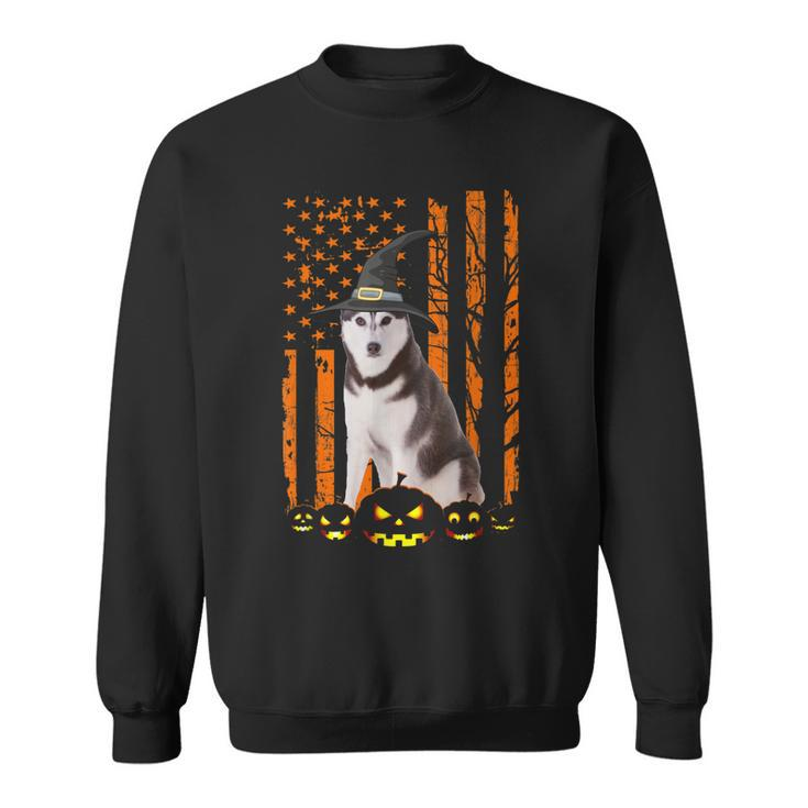Siberian Husky Dog Pumpkin American Flag Witch Halloween  Men Women Sweatshirt Graphic Print Unisex