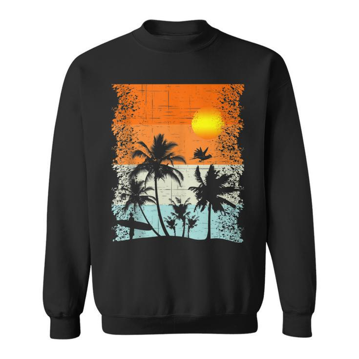 Summer Vacation Surfers At Beach Palm Trees Retro Vintage  Sweatshirt