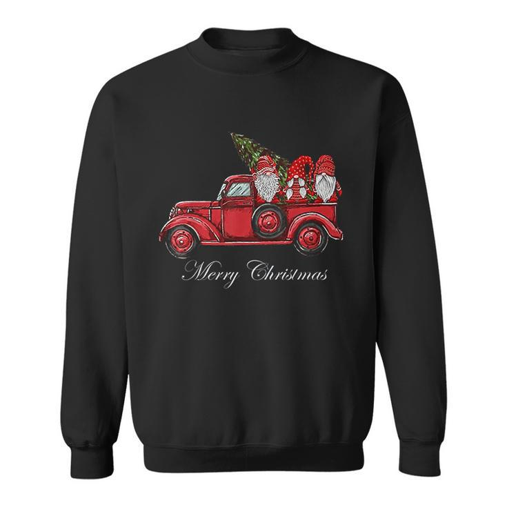 Three Gnomes In Red Truck With Merry Christmas Tree Men Women Sweatshirt Graphic Print Unisex