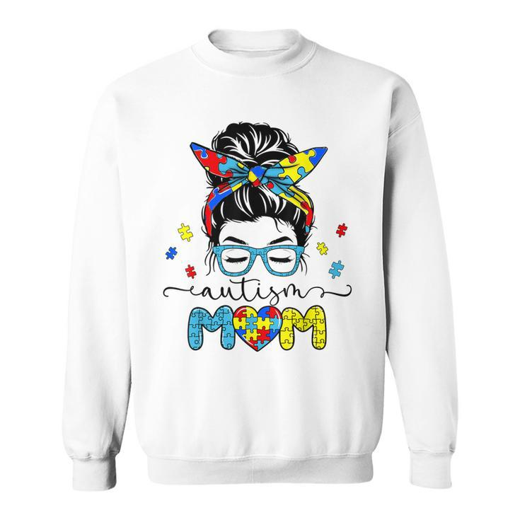 Autism Mom Messy Bun Sunglasses Bandana Autism Awareness  Sweatshirt