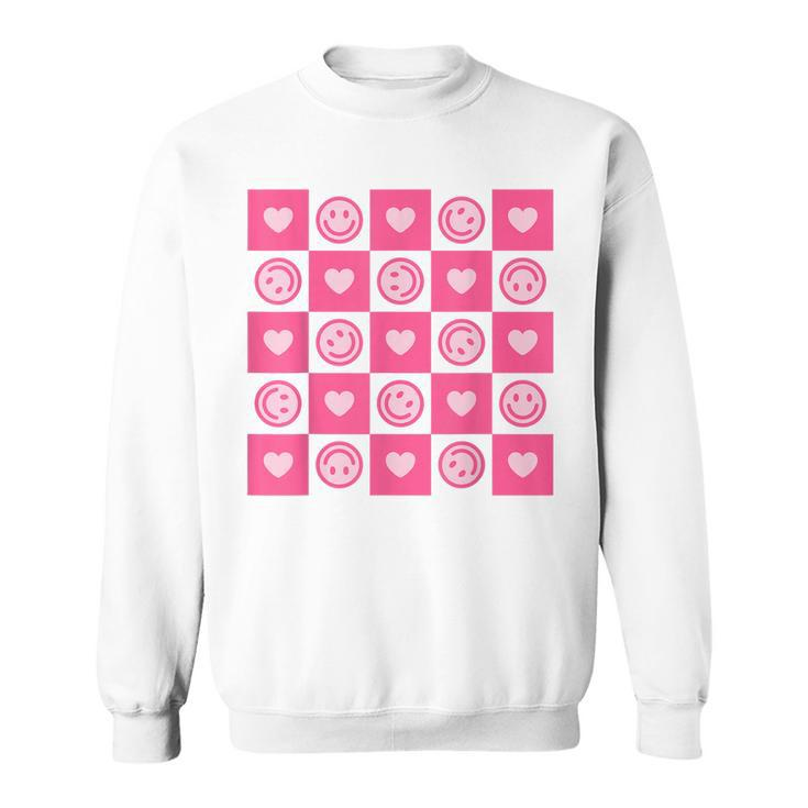 Checkered Smile Happy Face Checkerboard Indie Aesthetic Pink  Sweatshirt