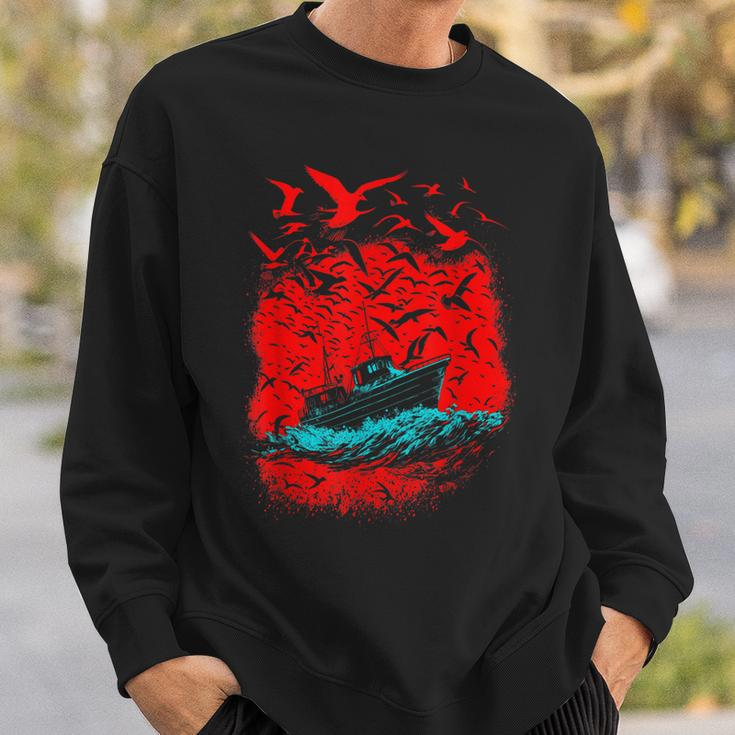 Art Birds And Boat In Ocean Under Red Sky Sweatshirt Gifts for Him