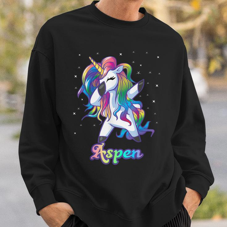 Aspen Name Personalized Custom Rainbow Unicorn Dabbing Men Women Sweatshirt Graphic Print Unisex Gifts for Him