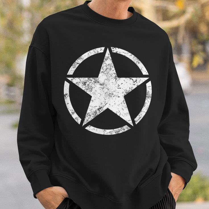 Military Hero Star In Circle White Distressed Veteran Men Women Sweatshirt Graphic Print Unisex Gifts for Him