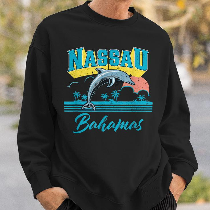 Nassau Bahamas Sunset Palm Tree Dolphin Retro Vacation Sweatshirt Gifts for Him