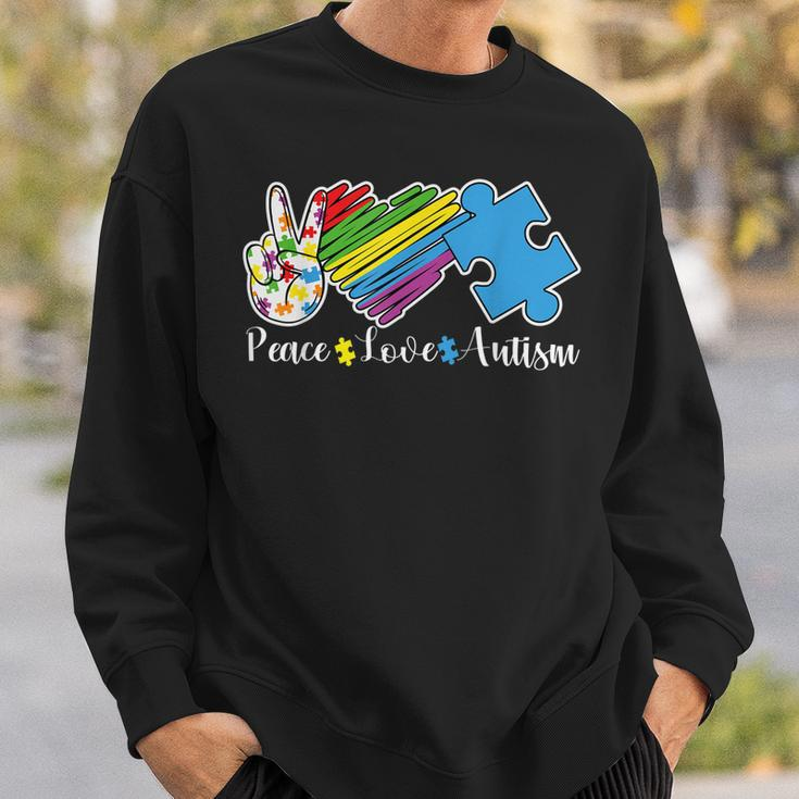 Peace Love Autism Puzzle In April We Wear Blue For Autism Sweatshirt Gifts for Him