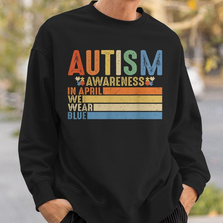 Retro In April We Wear Blue Puzzle Autism Awareness Month Sweatshirt Gifts for Him