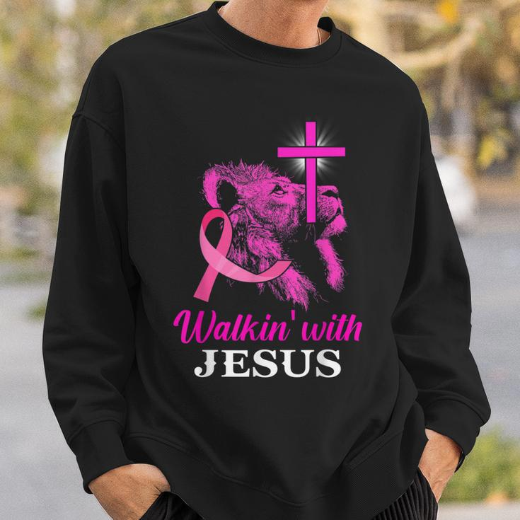 Walking With Jesus Lion Christian Cross Breast Cancer Women Sweatshirt Gifts for Him