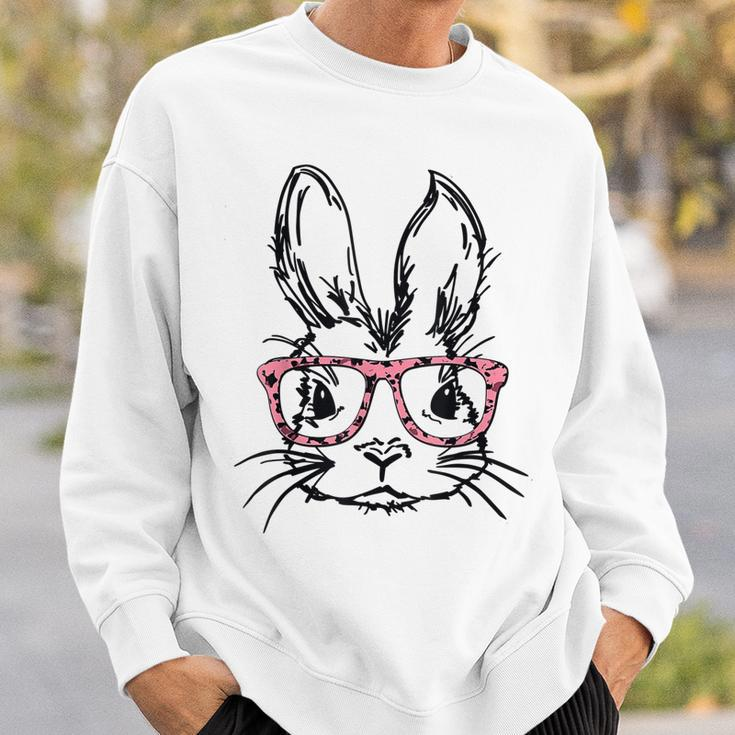Cute Bunny With Glasses Leopard Print Easter Bunny Face Sweatshirt Gifts for Him