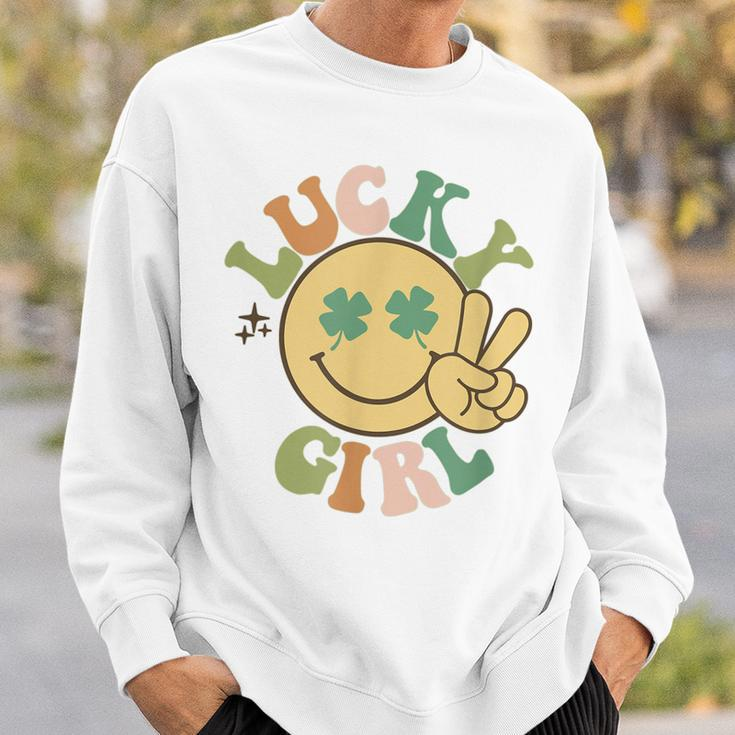 Lucky St Patricks Day Retro Smiling Face Shamrock Hippie Sweatshirt Gifts for Him