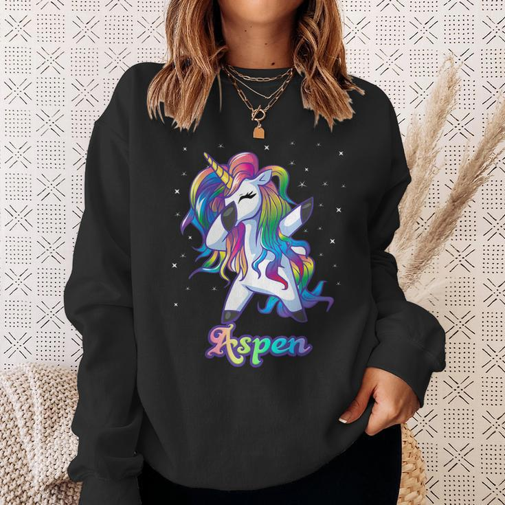 Aspen Name Personalized Custom Rainbow Unicorn Dabbing Men Women Sweatshirt Graphic Print Unisex Gifts for Her